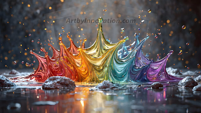 Logo Colored Water Dynamic: Amazing Digital Graphics Art Collection.
A Rainbow of Colored Water in Motion, using a colorful palette. Bursting out of the water, dynamitic flowing streams of color, with a metallic metal plate for a company logo.