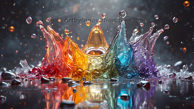 Logo Colored Water Dynamic: Amazing Digital Graphics Art Collection.
A Rainbow of Colored Water in Motion, using a colorful palette. Bursting out of the water, dynamitic flowing streams of color, with a metallic metal plate for a company logo.