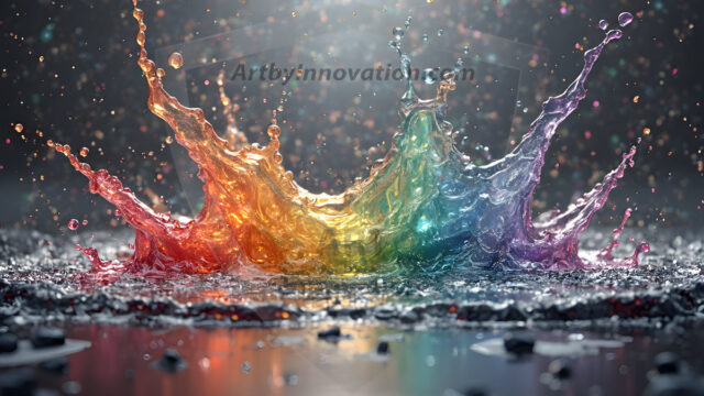 Logo Colored Water Dynamic: Amazing Digital Graphics Art Collection.
A Rainbow of Colored Water in Motion, using a colorful palette. Bursting out of the water, dynamitic flowing streams of color, with a metallic metal plate for a company logo.