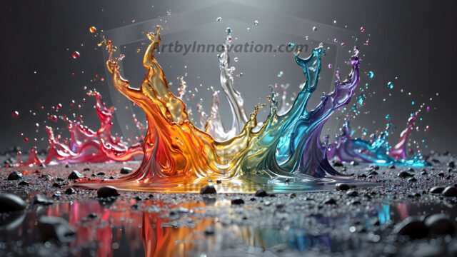 Logo Colored Water Dynamic: Amazing Digital Graphics Art Collection.
A Rainbow of Colored Water in Motion, using a colorful palette. Bursting out of the water, dynamitic flowing streams of color, with a metallic metal plate for a company logo.