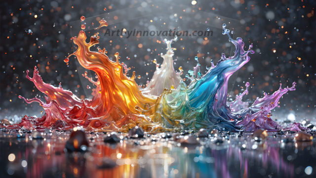 Logo Colored Water Dynamic: Amazing Digital Graphics Art Collection.
A Rainbow of Colored Water in Motion, using a colorful palette. Bursting out of the water, dynamitic flowing streams of color, with a metallic metal plate for a company logo.