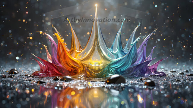 Logo Colored Water Dynamic: Amazing Digital Graphics Art Collection.
A Rainbow of Colored Water in Motion, using a colorful palette. Bursting out of the water, dynamitic flowing streams of color, with a metallic metal plate for a company logo.