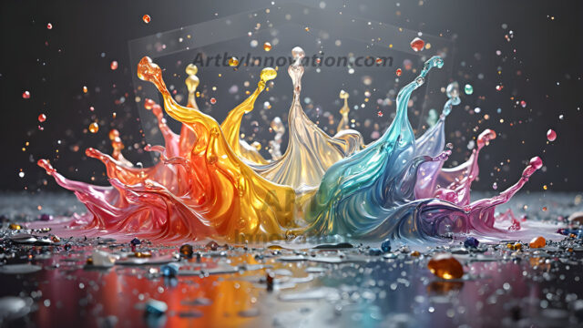 Logo Colored Water Dynamic: Amazing Digital Graphics Art Collection.
A Rainbow of Colored Water in Motion, using a colorful palette. Bursting out of the water, dynamitic flowing streams of color, with a metallic metal plate for a company logo.