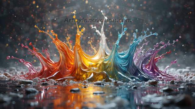 Logo Colored Water Dynamic: Amazing Digital Graphics Art Collection.
A Rainbow of Colored Water in Motion, using a colorful palette. Bursting out of the water, dynamitic flowing streams of color, with a metallic metal plate for a company logo.