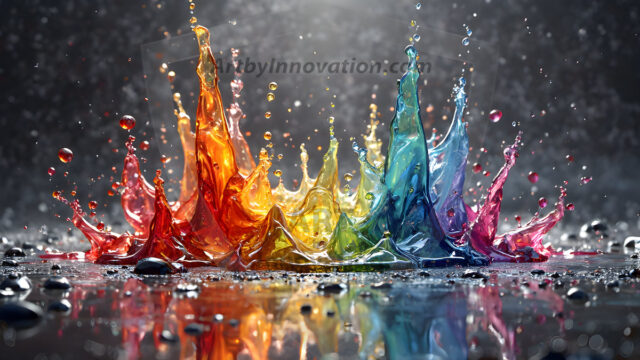 Logo Colored Water Dynamic: Amazing Digital Graphics Art Collection.
A Rainbow of Colored Water in Motion, using a colorful palette. Bursting out of the water, dynamitic flowing streams of color, with a metallic metal plate for a company logo.