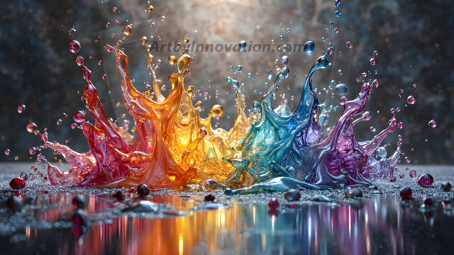 Logo Colored Water Dynamic: Amazing Digital Graphics Art Collection.
A Rainbow of Colored Water in Motion, using a colorful palette. Bursting out of the water, dynamitic flowing streams of color, with a metallic metal plate for a company logo.