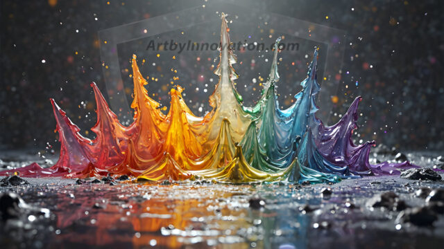 Logo Colored Water Dynamic: Amazing Digital Graphics Art Collection.
A Rainbow of Colored Water in Motion, using a colorful palette. Bursting out of the water, dynamitic flowing streams of color, with a metallic metal plate for a company logo.