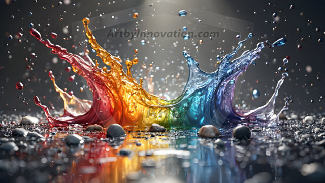Logo Colored Water Dynamic: Amazing Digital Graphics Art Collection.
A Rainbow of Colored Water in Motion, using a colorful palette. Bursting out of the water, dynamitic flowing streams of color, with a metallic metal plate for a company logo.