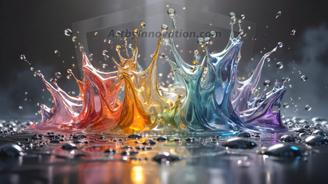 Logo Colored Water Dynamic: Amazing Digital Graphics Art Collection.
A Rainbow of Colored Water in Motion, using a colorful palette. Bursting out of the water, dynamitic flowing streams of color, with a metallic metal plate for a company logo.