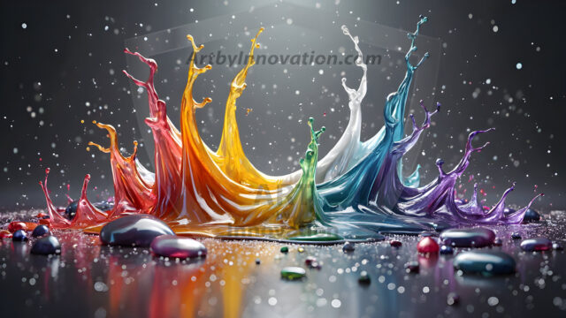 Logo Colored Water Dynamic: Amazing Digital Graphics Art Collection.
A Rainbow of Colored Water in Motion, using a colorful palette. Bursting out of the water, dynamitic flowing streams of color, with a metallic metal plate for a company logo.