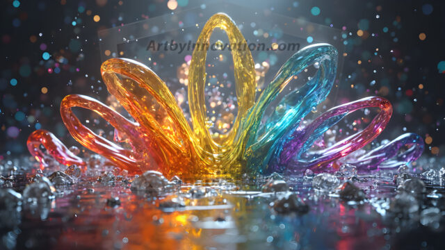 Logo Colored Water Dynamic: Amazing Digital Graphics Art Collection.
A Rainbow of Colored Water in Motion, using a colorful palette. Bursting out of the water, dynamitic flowing streams of color, with a metallic metal plate for a company logo.