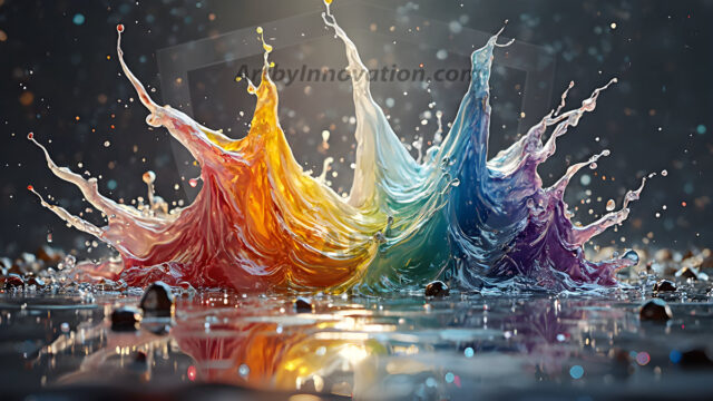 Logo Colored Water Dynamic: Amazing Digital Graphics Art Collection.
A Rainbow of Colored Water in Motion, using a colorful palette. Bursting out of the water, dynamitic flowing streams of color, with a metallic metal plate for a company logo.