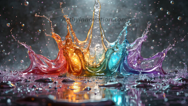 Logo Colored Water Dynamic: Amazing Digital Graphics Art Collection.
A Rainbow of Colored Water in Motion, using a colorful palette. Bursting out of the water, dynamitic flowing streams of color, with a metallic metal plate for a company logo.