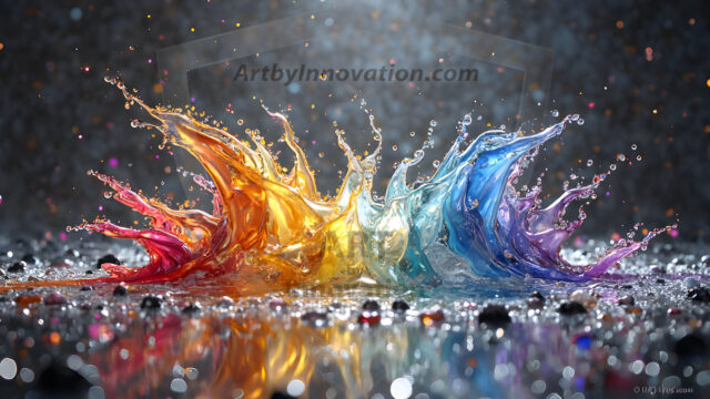 Logo Colored Water Dynamic: Amazing Digital Graphics Art Collection.
A Rainbow of Colored Water in Motion, using a colorful palette. Bursting out of the water, dynamitic flowing streams of color, with a metallic metal plate for a company logo.