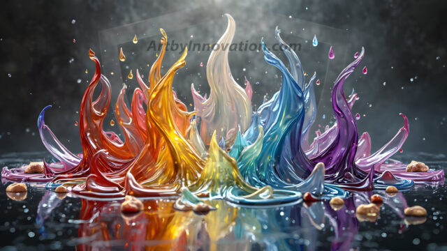 Logo Colored Water Dynamic: Amazing Digital Graphics Art Collection.
A Rainbow of Colored Water in Motion, using a colorful palette. Bursting out of the water, dynamitic flowing streams of color, with a metallic metal plate for a company logo.