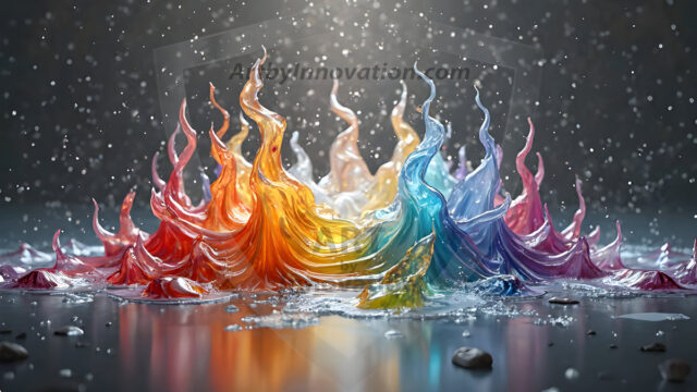 Logo Colored Water Dynamic: Amazing Digital Graphics Art Collection.
A Rainbow of Colored Water in Motion, using a colorful palette. Bursting out of the water, dynamitic flowing streams of color, with a metallic metal plate for a company logo.