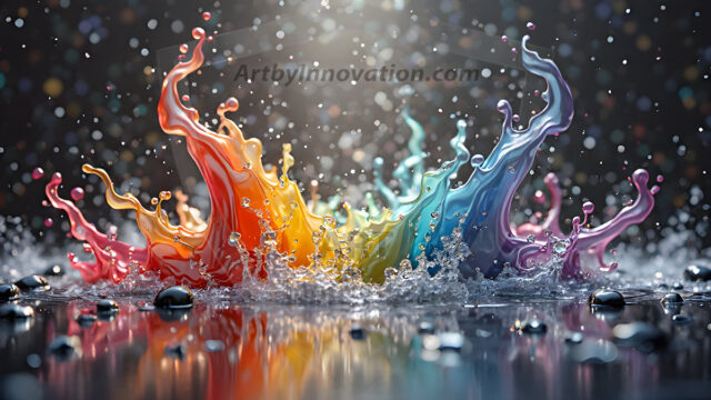Logo Colored Water Dynamic: Amazing Digital Graphics Art Collection.
A Rainbow of Colored Water in Motion, using a colorful palette. Bursting out of the water, dynamitic flowing streams of color, with a metallic metal plate for a company logo.