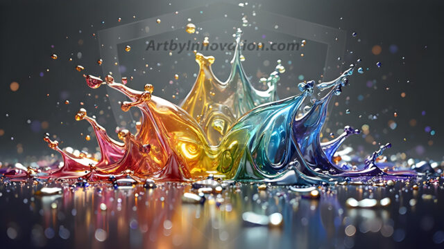 Logo Colored Water Dynamic: Amazing Digital Graphics Art Collection.
A Rainbow of Colored Water in Motion, using a colorful palette. Bursting out of the water, dynamitic flowing streams of color, with a metallic metal plate for a company logo.
