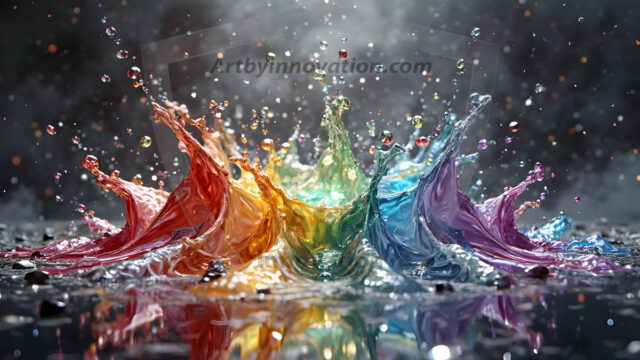 Logo Colored Water Dynamic: Amazing Digital Graphics Art Collection.
A Rainbow of Colored Water in Motion, using a colorful palette. Bursting out of the water, dynamitic flowing streams of color, with a metallic metal plate for a company logo.