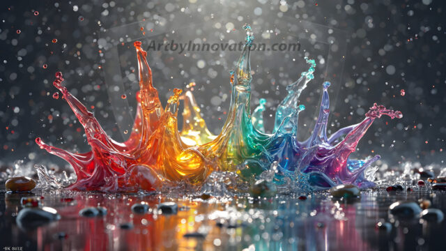 Logo Colored Water Dynamic: Amazing Digital Graphics Art Collection.
A Rainbow of Colored Water in Motion, using a colorful palette. Bursting out of the water, dynamitic flowing streams of color, with a metallic metal plate for a company logo.