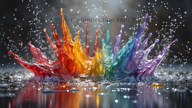 Logo Colored Water Dynamic: Amazing Digital Graphics Art Collection.
A Rainbow of Colored Water in Motion, using a colorful palette. Bursting out of the water, dynamitic flowing streams of color, with a metallic metal plate for a company logo.