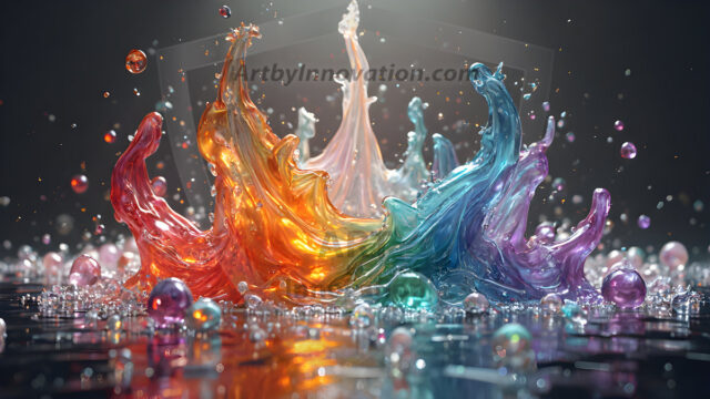 Logo Colored Water Dynamic: Amazing Digital Graphics Art Collection.
A Rainbow of Colored Water in Motion, using a colorful palette. Bursting out of the water, dynamitic flowing streams of color, with a metallic metal plate for a company logo.
