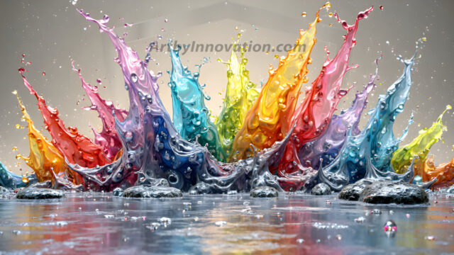 Logo Colored Water Dynamic: Amazing Digital Graphics Art Collection.
A Rainbow of Colored Water in Motion, using a colorful palette. Bursting out of the water, dynamitic flowing streams of color, with a metallic metal plate for a company logo.