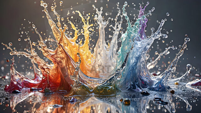 Logo Colored Water Dynamic: Amazing Digital Graphics Art Collection.
A Rainbow of Colored Water in Motion, using a colorful palette. Bursting out of the water, dynamitic flowing streams of color, with a metallic metal plate for a company logo.