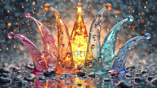 Logo Colored Water Dynamic: Amazing Digital Graphics Art Collection.
A Rainbow of Colored Water in Motion, using a colorful palette. Bursting out of the water, dynamitic flowing streams of color, with a metallic metal plate for a company logo.