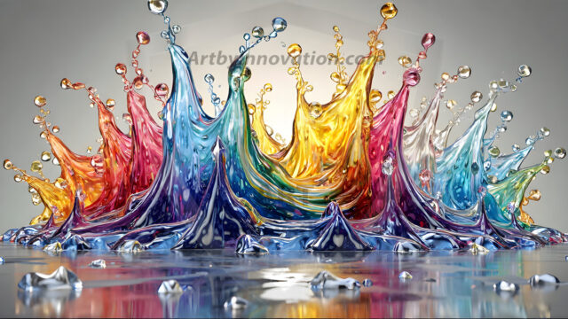 Logo Colored Water Dynamic: Amazing Digital Graphics Art Collection.
A Rainbow of Colored Water in Motion, using a colorful palette. Bursting out of the water, dynamitic flowing streams of color, with a metallic metal plate for a company logo.