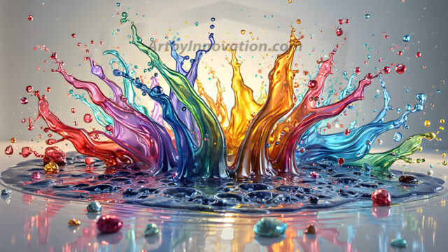 Logo Colored Water Dynamic: Amazing Digital Graphics Art Collection.
A Rainbow of Colored Water in Motion, using a colorful palette. Bursting out of the water, dynamitic flowing streams of color, with a metallic metal plate for a company logo.