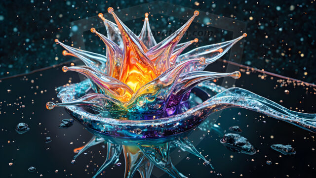 Logo Colored Water Dynamic: Amazing Digital Graphics Art Collection.
A Rainbow of Colored Water in Motion, using a colorful palette. Bursting out of the water, dynamitic flowing streams of color, with a metallic metal plate for a company logo.