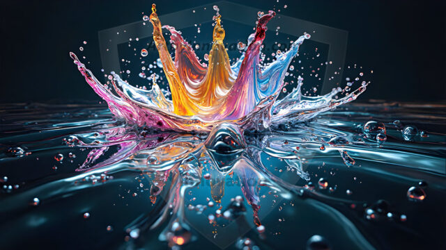 Logo Colored Water Dynamic: Amazing Digital Graphics Art Collection.
A Rainbow of Colored Water in Motion, using a colorful palette. Bursting out of the water, dynamitic flowing streams of color, with a metallic metal plate for a company logo.