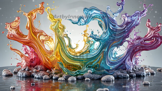 Logo Colored Water Dynamic: Amazing Digital Graphics Art Collection.
A Rainbow of Colored Water in Motion, using a colorful palette. Bursting out of the water, dynamitic flowing streams of color, with a metallic metal plate for a company logo.