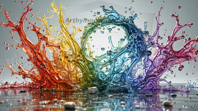 Logo Colored Water Dynamic: Amazing Digital Graphics Art Collection.
A Rainbow of Colored Water in Motion, using a colorful palette. Bursting out of the water, dynamitic flowing streams of color, with a metallic metal plate for a company logo.