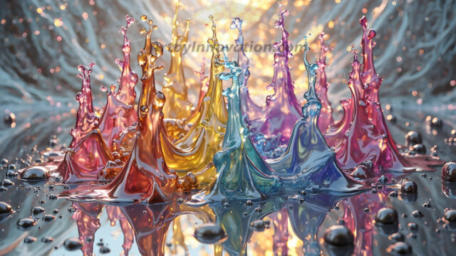 Logo Colored Water Dynamic: Amazing Digital Graphics Art Collection.
A Rainbow of Colored Water in Motion, using a colorful palette. Bursting out of the water, dynamitic flowing streams of color, with a metallic metal plate for a company logo.