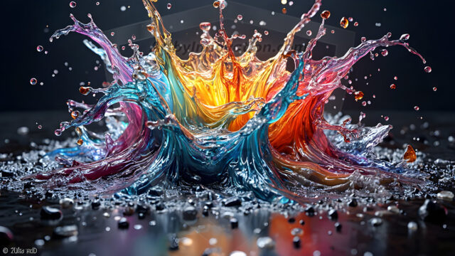 Logo Colored Water Dynamic: Amazing Digital Graphics Art Collection.
A Rainbow of Colored Water in Motion, using a colorful palette. Bursting out of the water, dynamitic flowing streams of color, with a metallic metal plate for a company logo.