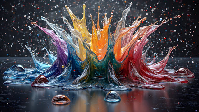 Logo Colored Water Dynamic: Amazing Digital Graphics Art Collection.
A Rainbow of Colored Water in Motion, using a colorful palette. Bursting out of the water, dynamitic flowing streams of color, with a metallic metal plate for a company logo.
