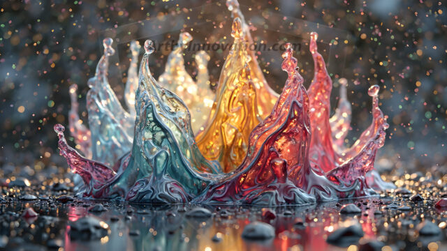 Logo Colored Water Dynamic: Amazing Digital Graphics Art Collection.
A Rainbow of Colored Water in Motion, using a colorful palette. Bursting out of the water, dynamitic flowing streams of color, with a metallic metal plate for a company logo.