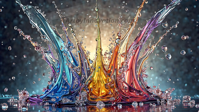 Logo Colored Water Dynamic: Amazing Digital Graphics Art Collection.
A Rainbow of Colored Water in Motion, using a colorful palette. Bursting out of the water, dynamitic flowing streams of color, with a metallic metal plate for a company logo.