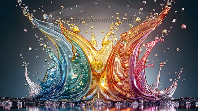 Logo Colored Water Dynamic: Amazing Digital Graphics Art Collection.
A Rainbow of Colored Water in Motion, using a colorful palette. Bursting out of the water, dynamitic flowing streams of color, with a metallic metal plate for a company logo.
