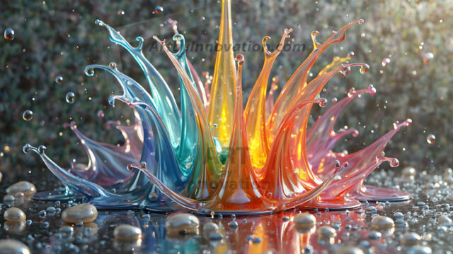 Logo Colored Water Dynamic: Amazing Digital Graphics Art Collection.
A Rainbow of Colored Water in Motion, using a colorful palette. Bursting out of the water, dynamitic flowing streams of color, with a metallic metal plate for a company logo.