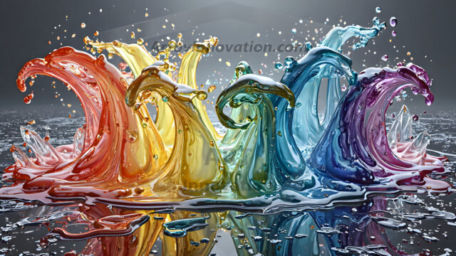 Logo Colored Water Dynamic: Amazing Digital Graphics Art Collection.
A Rainbow of Colored Water in Motion, using a colorful palette. Bursting out of the water, dynamitic flowing streams of color, with a metallic metal plate for a company logo.