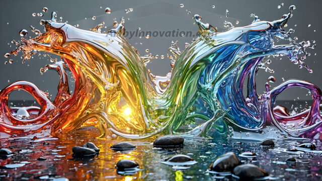 Logo Colored Water Dynamic: Amazing Digital Graphics Art Collection.
A Rainbow of Colored Water in Motion, using a colorful palette. Bursting out of the water, dynamitic flowing streams of color, with a metallic metal plate for a company logo.