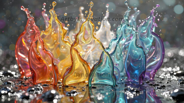 Logo Colored Water Dynamic: Amazing Digital Graphics Art Collection.
A Rainbow of Colored Water in Motion, using a colorful palette. Bursting out of the water, dynamitic flowing streams of color, with a metallic metal plate for a company logo.