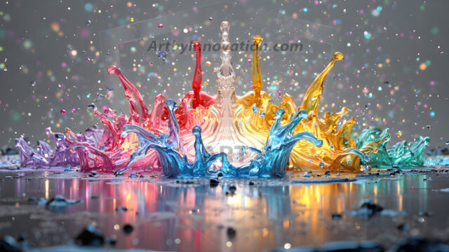 Logo Colored Water Dynamic: Amazing Digital Graphics Art Collection.
A Rainbow of Colored Water in Motion, using a colorful palette. Bursting out of the water, dynamitic flowing streams of color, with a metallic metal plate for a company logo.