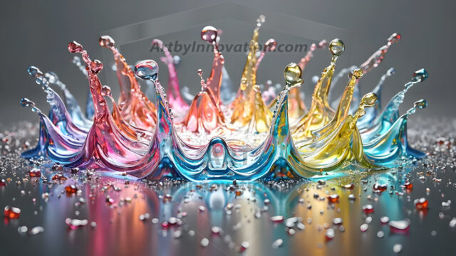 Logo Colored Water Dynamic: Amazing Digital Graphics Art Collection.
A Rainbow of Colored Water in Motion, using a colorful palette. Bursting out of the water, dynamitic flowing streams of color, with a metallic metal plate for a company logo.