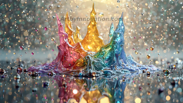 Logo Colored Water Dynamic: Amazing Digital Graphics Art Collection.
A Rainbow of Colored Water in Motion, using a colorful palette. Bursting out of the water, dynamitic flowing streams of color, with a metallic metal plate for a company logo.