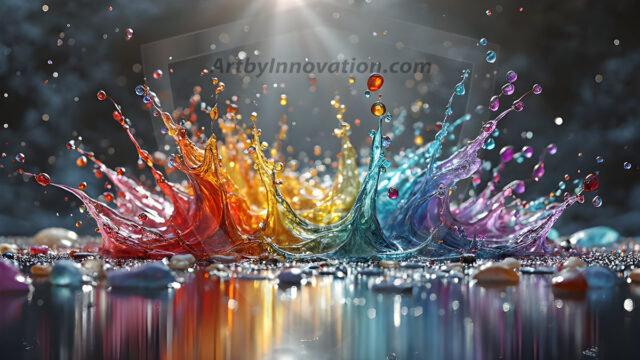 Logo Colored Water Dynamic: Amazing Digital Graphics Art Collection.
A Rainbow of Colored Water in Motion, using a colorful palette. Bursting out of the water, dynamitic flowing streams of color, with a metallic metal plate for a company logo.