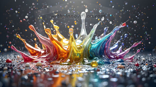 Logo Colored Water Dynamic: Amazing Digital Graphics Art Collection.
A Rainbow of Colored Water in Motion, using a colorful palette. Bursting out of the water, dynamitic flowing streams of color, with a metallic metal plate for a company logo.